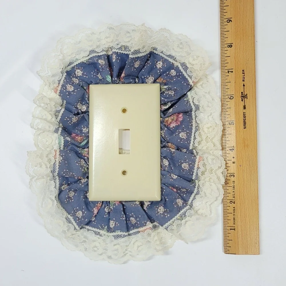 80s Handmade Blue Calico And Lace Single Light Switch Plate Country Floral